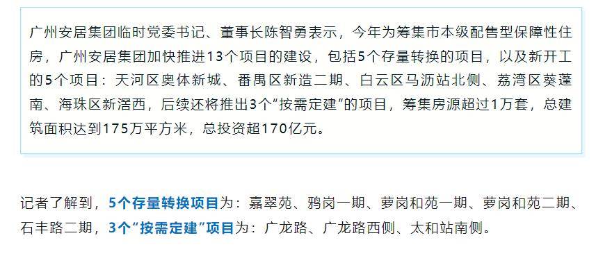 广州安居计划拟开工9个保障房项目 预计提供约1万套保障房